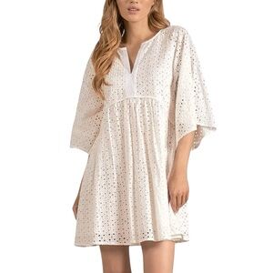 Elan Cotton Eyelet V-Neck Mini Dress Flowy Boho Cottagecore Pullover White M NWT